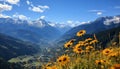 Majestic mountain peak, blue sky, yellow flowers, tranquil meadow generated by AI Royalty Free Stock Photo