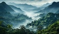 Majestic mountain peak, foggy landscape, tranquil forest, green meadow generated by AI Royalty Free Stock Photo