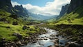 Majestic mountain peak, green meadow, flowing water, tranquil stone landscape generated by AI