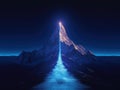 mountain peak illuminated under a starry night sky with a shimmering pathway. Generative AI