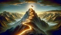 A majestic mountain peak with a luminous path leading to a flag at the summit during , GenerativeAI Royalty Free Stock Photo