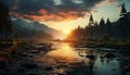 Majestic mountain peak reflects tranquil sunset over idyllic pond generated by AI