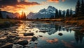 Majestic mountain peak reflects tranquil sunset over snowy forest generated by AI Royalty Free Stock Photo