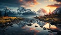 Majestic mountain peak reflects tranquil sunset over snowy landscape generated by AI Royalty Free Stock Photo