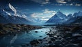 Majestic mountain peak reflects tranquil sunset over snowy landscape generated by AI Royalty Free Stock Photo