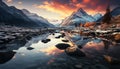 Majestic mountain peak reflects tranquil sunset over snowy landscape generated by AI Royalty Free Stock Photo