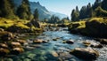 Majestic mountain peak reflects tranquil wave in serene wilderness generated by AI