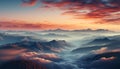 Majestic mountain peak silhouettes against a colorful sunset sky generated by AI Royalty Free Stock Photo