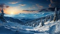 Majestic mountain peak, snow covered forest, tranquil winter landscape generated by AI Royalty Free Stock Photo