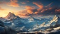 Majestic mountain peak, snow covered landscape, tranquil scene, sunrise over nature generated by AI