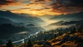 Majestic mountain peak, tranquil forest, sunrise paints nature beauty generated by AI