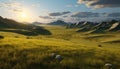 Majestic mountain peak, tranquil meadow, panoramic sunset, heaven on earth generated by AI Royalty Free Stock Photo