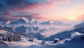 Majestic mountain peak, tranquil winter landscape, snow covered forest generated by AI Royalty Free Stock Photo