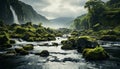 Majestic mountain peak, waterfall flowing, tranquil scene, green forest generated by AI Royalty Free Stock Photo