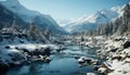 Majestic mountain peak in winter, frozen beauty in nature generated by AI