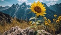 Majestic mountain peak, yellow sunflower, fresh meadow, blue sky generated by AI Royalty Free Stock Photo