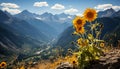 Majestic mountain peak, yellow wildflower, tranquil meadow, blue sky generated by AI Royalty Free Stock Photo