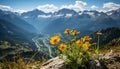 Majestic mountain peak, yellow wildflowers, tranquil meadow, blue sky generated by AI Royalty Free Stock Photo