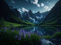 Majestic mountain peaks, covered in lush vegetation, with a tranquil lake in countryside Royalty Free Stock Photo
