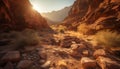 Majestic mountain range, eroded rock formations, tranquil riverbed, wilderness adventure generated by AI