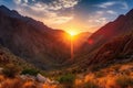 majestic mountain range, with fiery canyon sun setting behind it