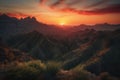 majestic mountain range with fiery sunsets illuminating the canyons