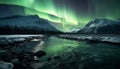 Majestic mountain range illuminated by aurora, reflecting in tranquil water generated by AI