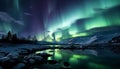 Majestic mountain range illuminated by starry aurora in arctic night generated by AI