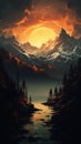 A majestic mountain range merged with a dense forest at sunrise