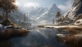 Majestic mountain range reflects tranquil scene of frozen wilderness area generated by AI