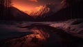 Majestic mountain range reflects tranquil sunset in frozen wilderness generated by AI