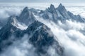 majestic mountain range rises above a sea of clouds, its peaks adorned with intricate patterns of snow and ice Royalty Free Stock Photo