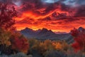 majestic mountain range surrounded by fiery sunsets, with clouds and trees in the foreground