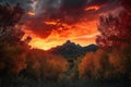 majestic mountain range surrounded by fiery sunsets, with clouds and trees in the foreground