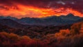 Majestic mountain range, tranquil dusk, orange horizon generated by AI