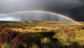 Majestic mountain range, tranquil meadow, rainbow spectrum generated by AI