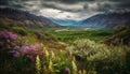 Majestic mountain range, tranquil meadow, wildflower blossom, panoramic landscape generated by AI Royalty Free Stock Photo