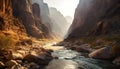 Majestic mountain range, tranquil sunset, flowing riverbed generated by AI