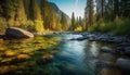 Majestic mountain range, tranquil sunset, pine tree forest, flowing water generated by AI