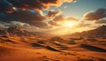 Majestic mountain range, tranquil sunset, ripples in sand dunes generated by AI