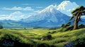 Majestic Anime Mountain Landscape With Bold Lithographic Style