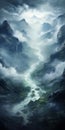 Majestic Mountain Stream In The Clouds: Epic Fantasy Illustration