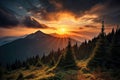 majestic mountain sunset, with the sun setting behind the peaks and clouds Royalty Free Stock Photo