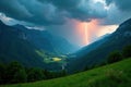 Majestic mountain valley landscape with a dramatic lightning strike during a summer thunderstorm. Generative AI Royalty Free Stock Photo