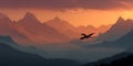 Majestic Mountain Vista Bird in Flight at Sunset Royalty Free Stock Photo