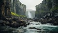 Majestic mountain waterfall flows over rocky cliff, nature beauty generated by AI Royalty Free Stock Photo