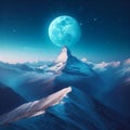 Majestic mountains bathed in the glow of a surreal moon