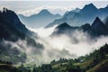 Majestic mountains in the mist. Beautiful illustration picture. Generative AI
