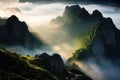 Majestic mountains in the mist. Beautiful illustration picture. Generative AI