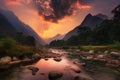 Majestic mountains, serene river and sunset sky in harmony., generative IA